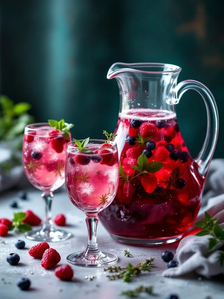 The Ultimate Harry Potter Party Menu — 18 Enchanting Recipes 7 A pitcher of berry-infused drink with glasses and fresh berries around it.
