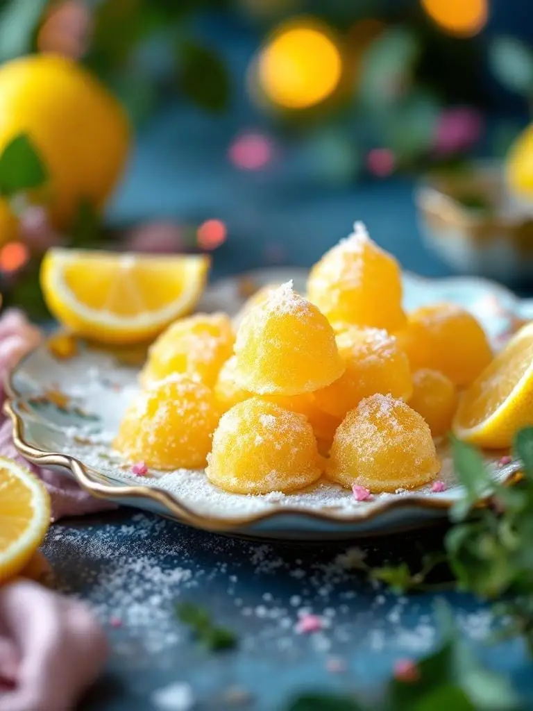 The Ultimate Harry Potter Party Menu — 18 Enchanting Recipes 10 A plate of lemon drops with fresh lemons and sugar, perfect for a Harry Potter themed party.