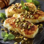 Griddled halloumi with pistachio and honey