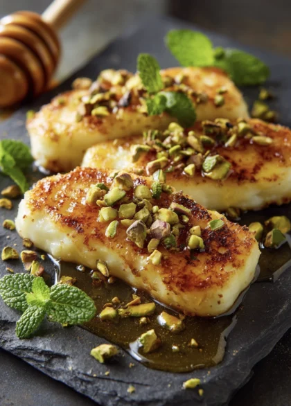 Griddled halloumi with pistachio and honey