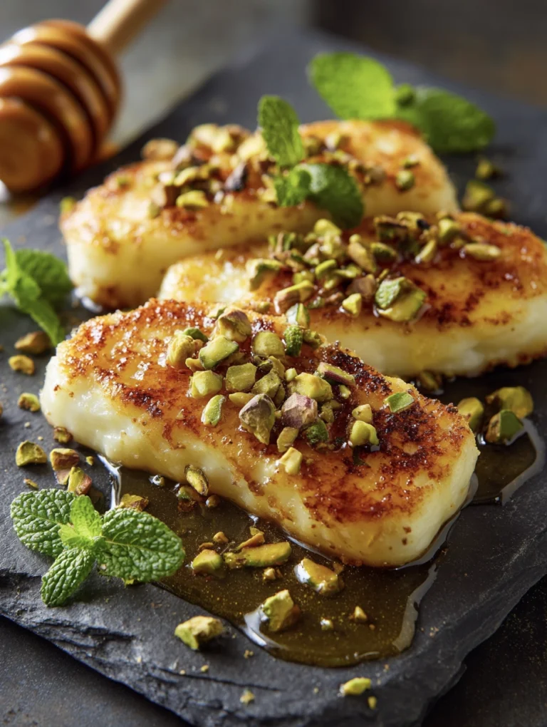 Griddled halloumi with pistachio and honey
