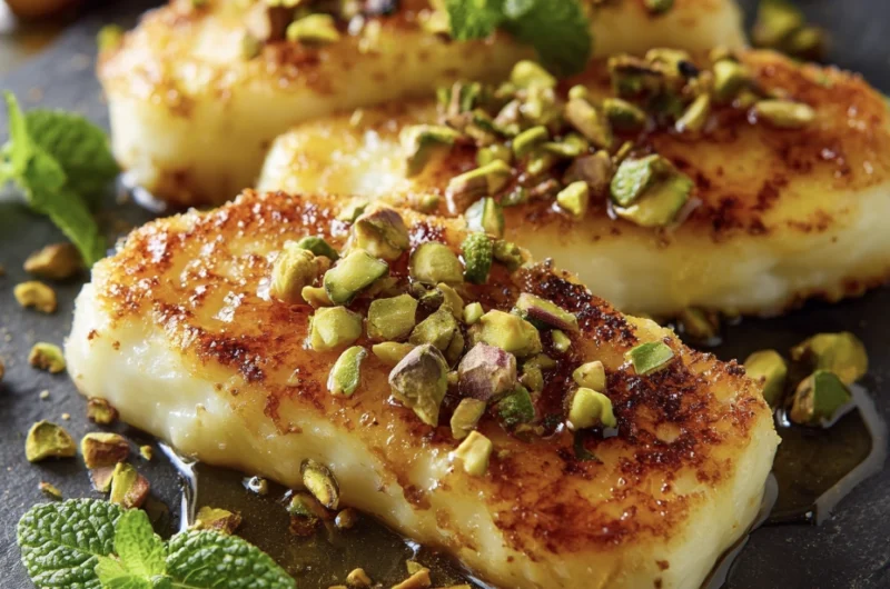 Griddled halloumi with pistachio and honey