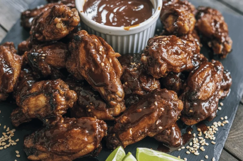 plate of Nutella and sriracha coated chicken wings
