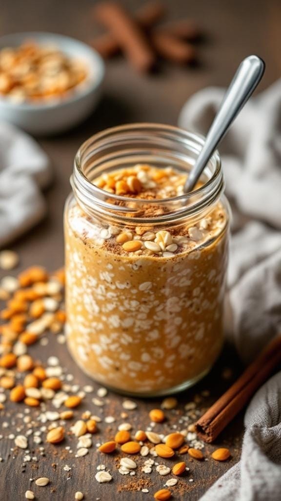 14 Delicious Vegan Breakfast Recipes to Start Your Day Right 10 A jar of pumpkin spice overnight oats topped with pumpkin seeds and cinnamon, with oats and seeds scattered around.