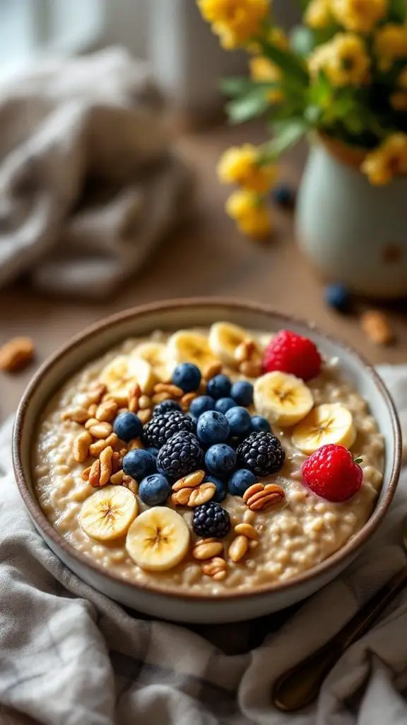 14 Delicious Vegan Breakfast Recipes to Start Your Day Right 6 A bowl of banana oatmeal topped with nuts and mixed berries, with a floral arrangement in the background.