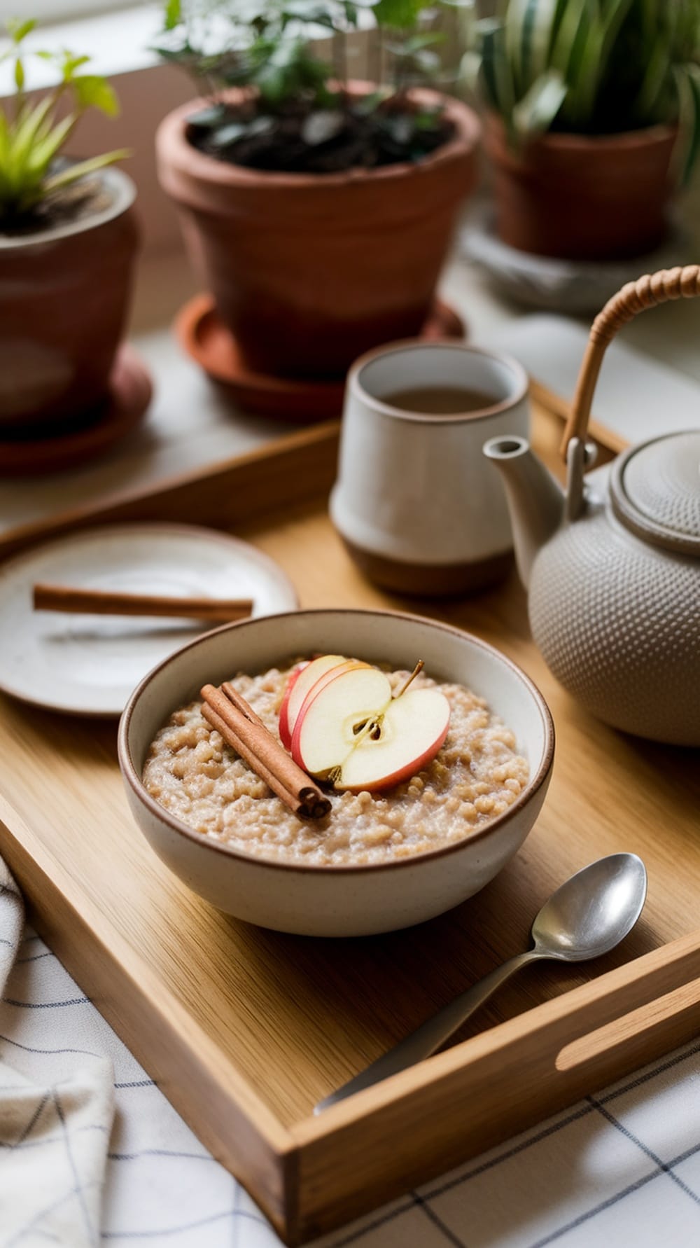 14 Delicious Vegan Breakfast Recipes to Start Your Day Right 14 A bowl of apple cinnamon quinoa porridge topped with apple slices and cinnamon sticks.