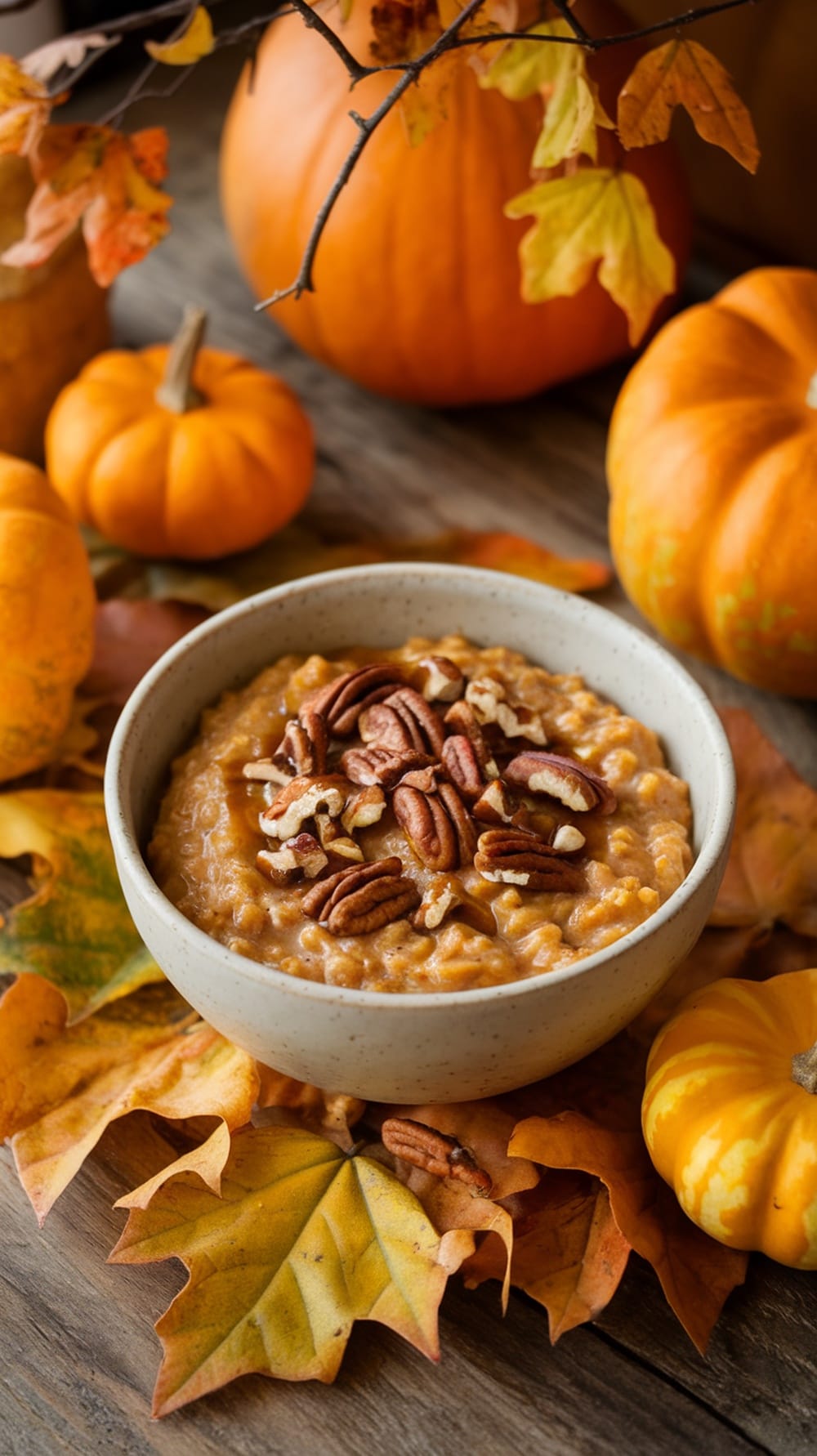 Bowl of Maple-Pecan Pumpkin Oats surrounded by pumpkins and autumn leaves.