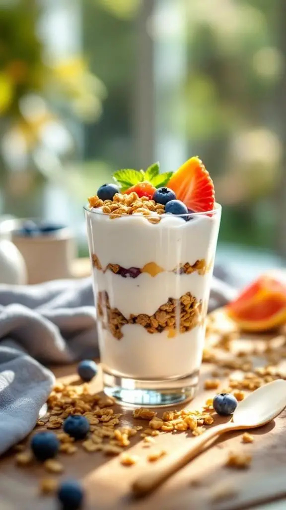 14 Delicious Vegan Breakfast Recipes to Start Your Day Right 2 A delicious coconut yogurt parfait with granola, topped with fresh berries and mint.
