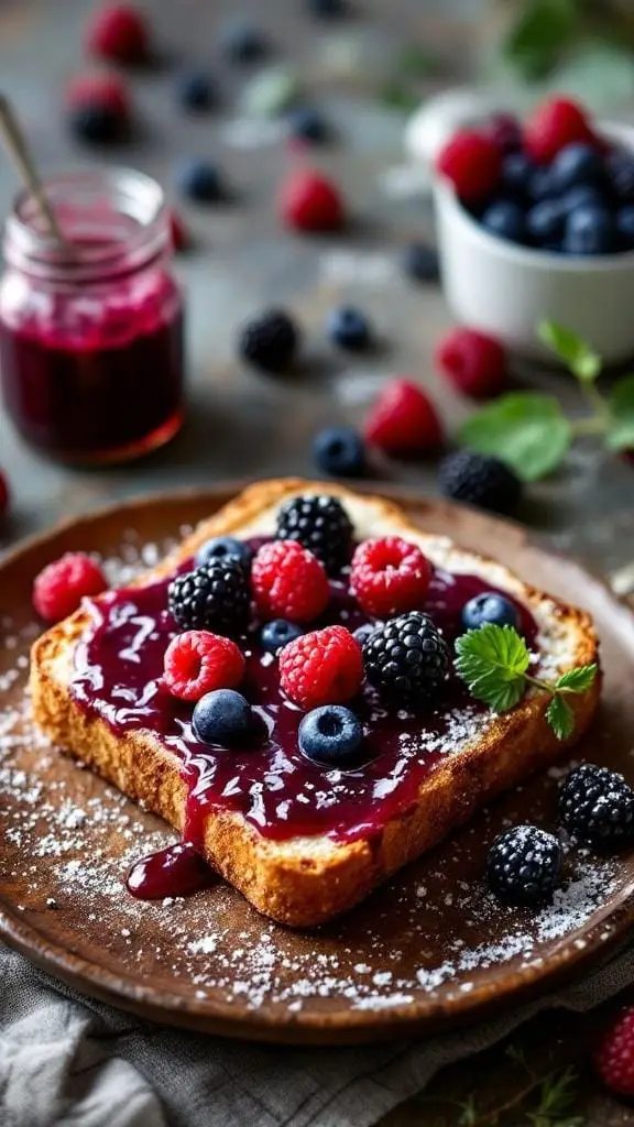 14 Delicious Vegan Breakfast Recipes to Start Your Day Right 13 A slice of toast topped with berry chia jam and fresh berries on a wooden plate.