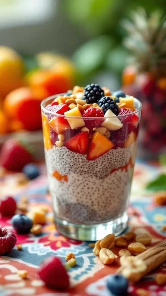 14 Delicious Vegan Breakfast Recipes to Start Your Day Right 8 A glass of spiced chia seed pudding layered with fresh fruits and nuts on a colorful tablecloth.