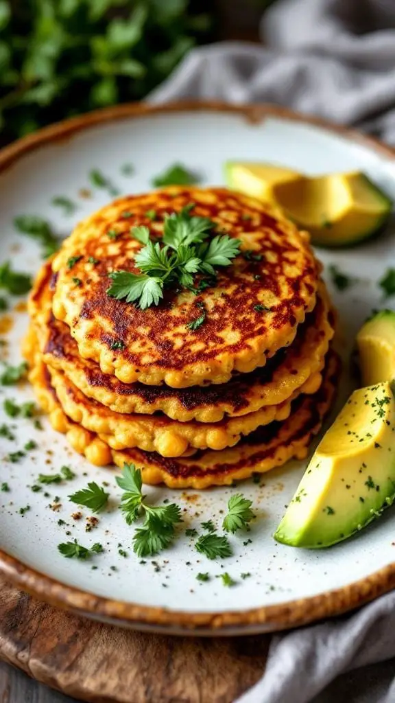 14 Delicious Vegan Breakfast Recipes to Start Your Day Right 4 Savory chickpea flour pancakes stacked on a plate with avocado slices and garnished with cilantro.
