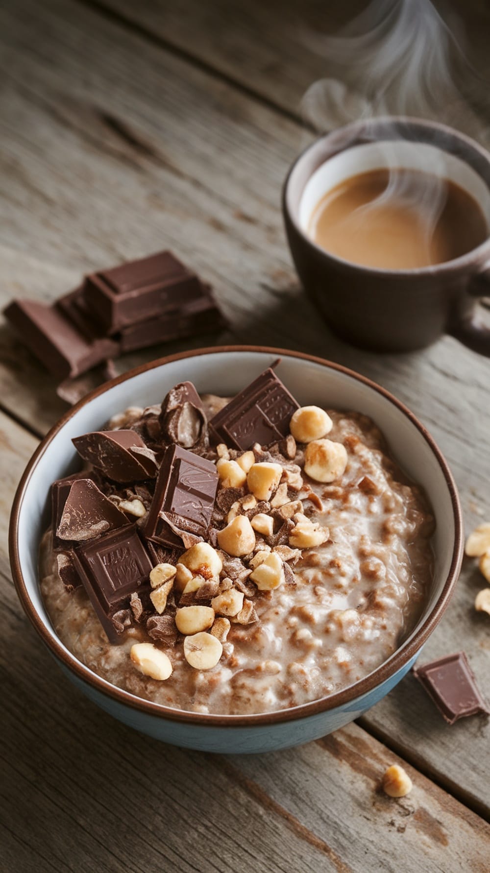 A bowl of mocha hazelnut overnight oats topped with chocolate and hazelnuts, alongside a cup of coffee.