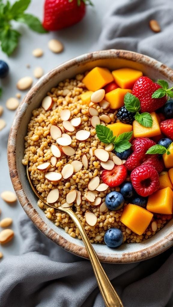 14 Delicious Vegan Breakfast Recipes to Start Your Day Right 11 A colorful quinoa breakfast bowl topped with fresh fruits and sliced almonds.
