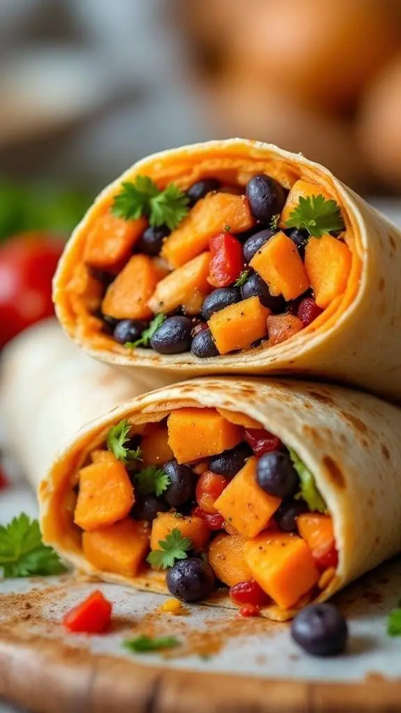 14 Delicious Vegan Breakfast Recipes to Start Your Day Right 7 Sweet Potato and Black Bean Breakfast Burrito with cilantro on a plate