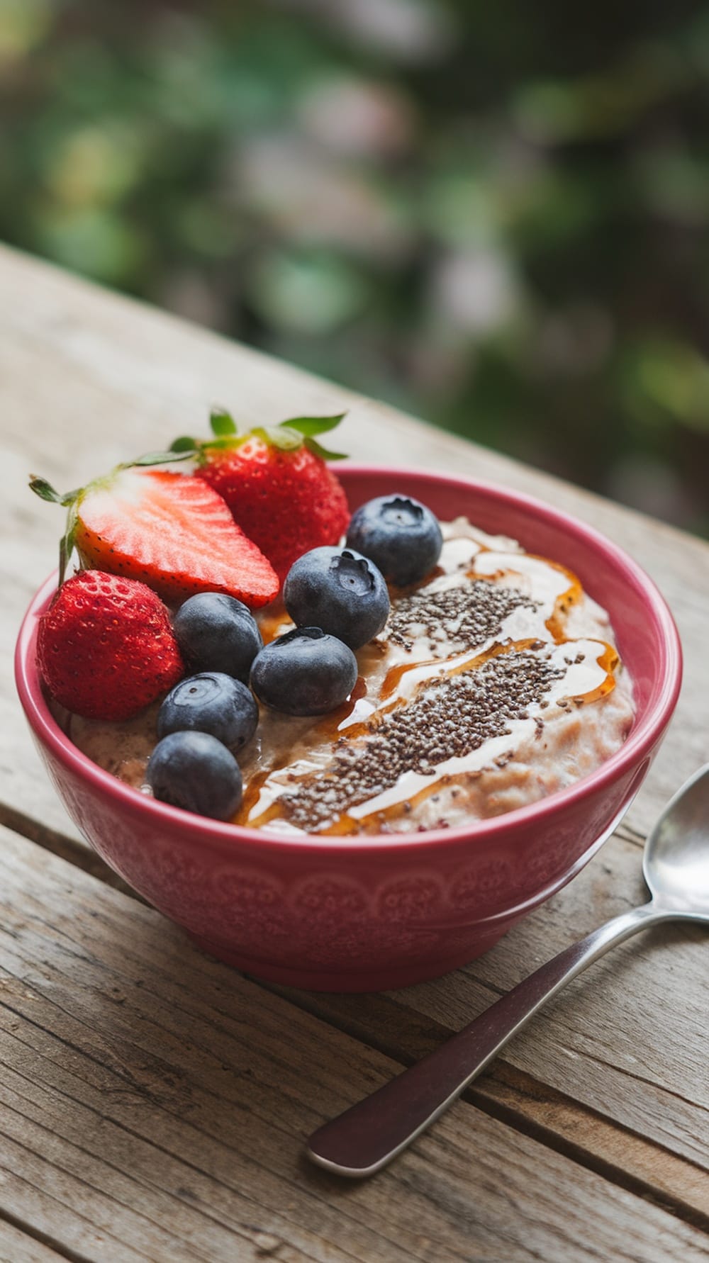 A bowl of berry-blast overnight oats topped with strawberries, blueberries, and chia seeds.