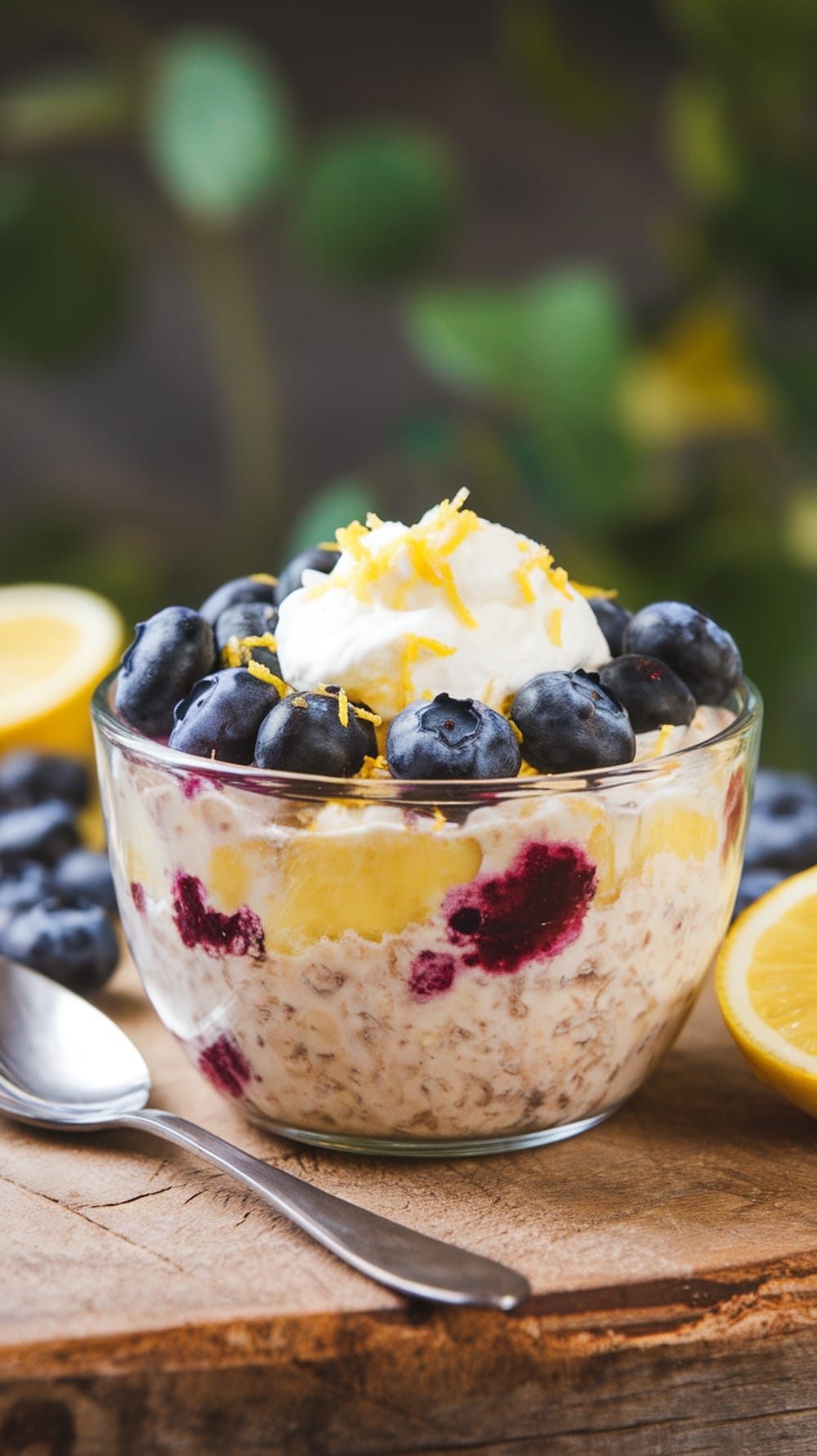 A bowl of Lemon-Blueberry Cheesecake Overnight Oats topped with blueberries and lemon zest.