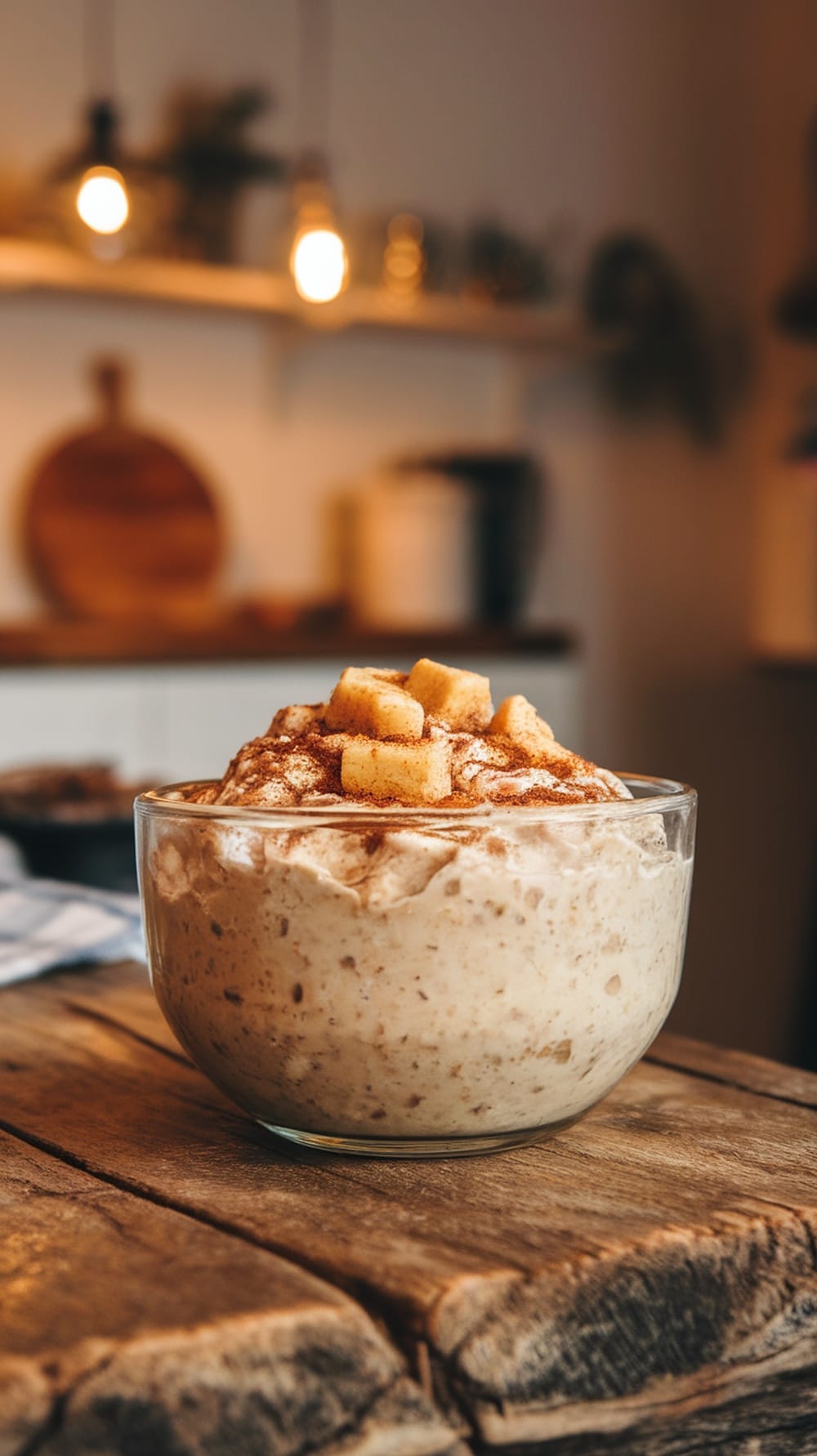 A bowl of cinnamon-sugar snickerdoodle overnight oats topped with diced apples and cinnamon.