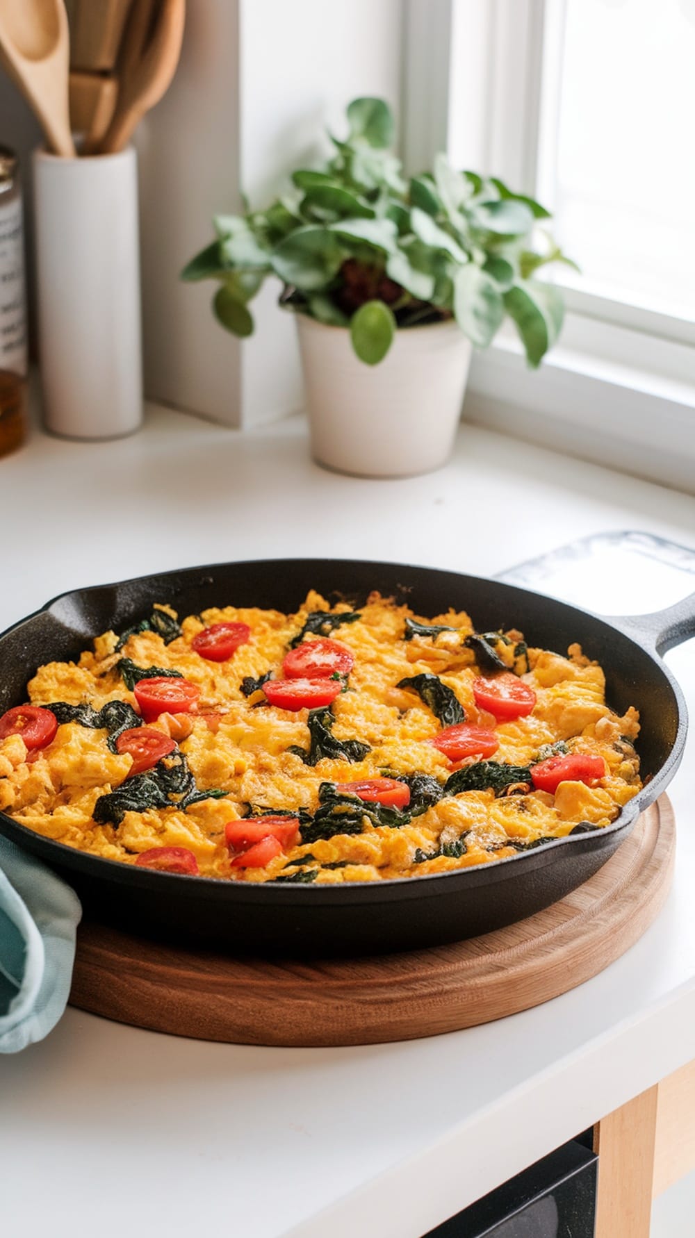 14 Delicious Vegan Breakfast Recipes to Start Your Day Right 5 A colorful tofu scramble with spinach and tomatoes in a skillet.