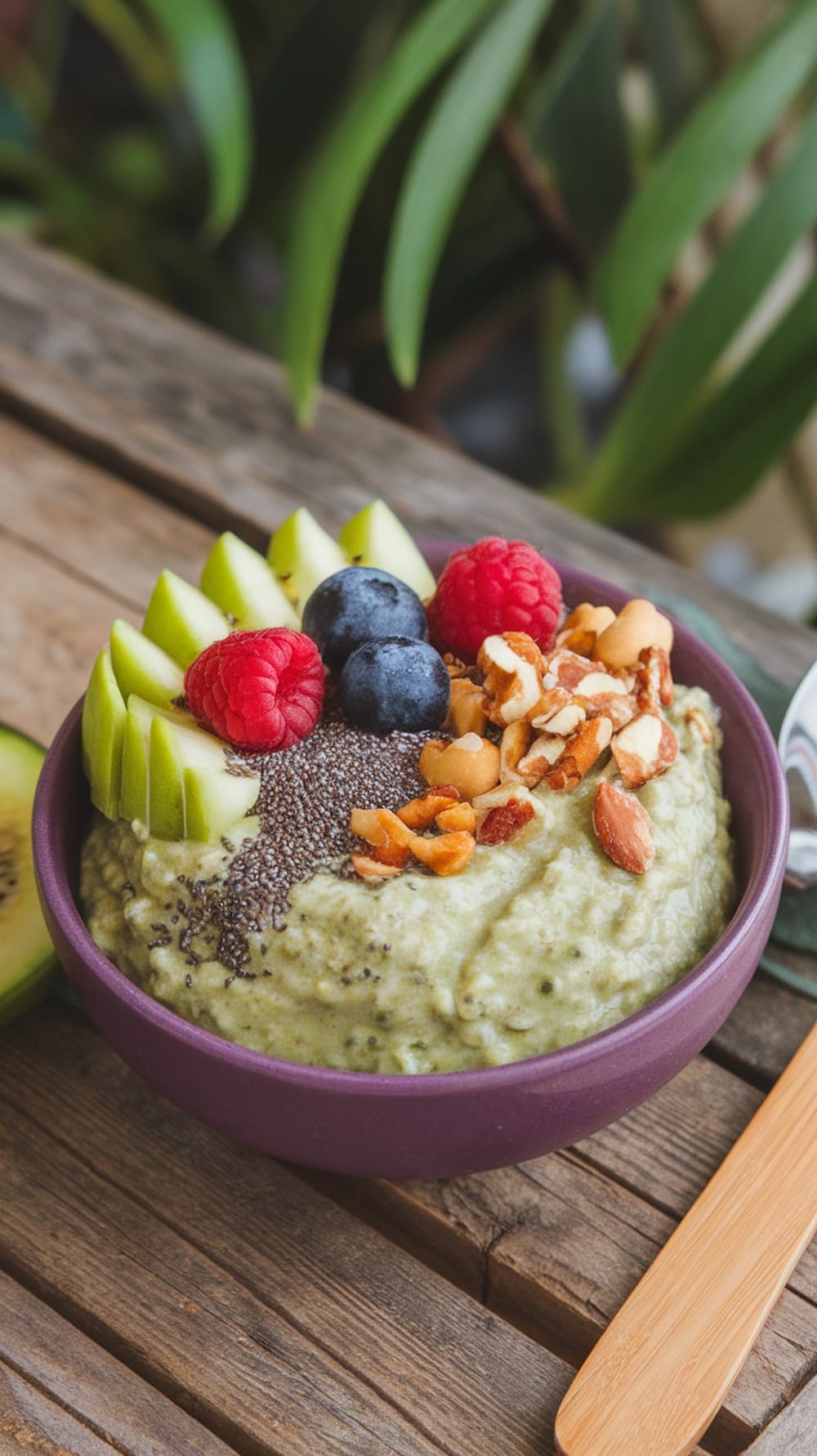 A bowl of green goddess overnight oats topped with fruits and nuts.