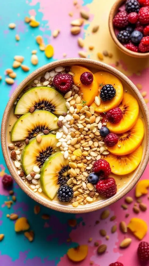 14 Delicious Vegan Breakfast Recipes to Start Your Day Right 3 A colorful vegan smoothie bowl topped with fruits and granola.