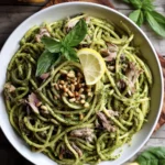 sardine pesto pasta in a bowl
