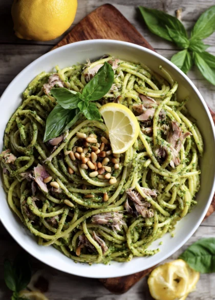 sardine pesto pasta in a bowl
