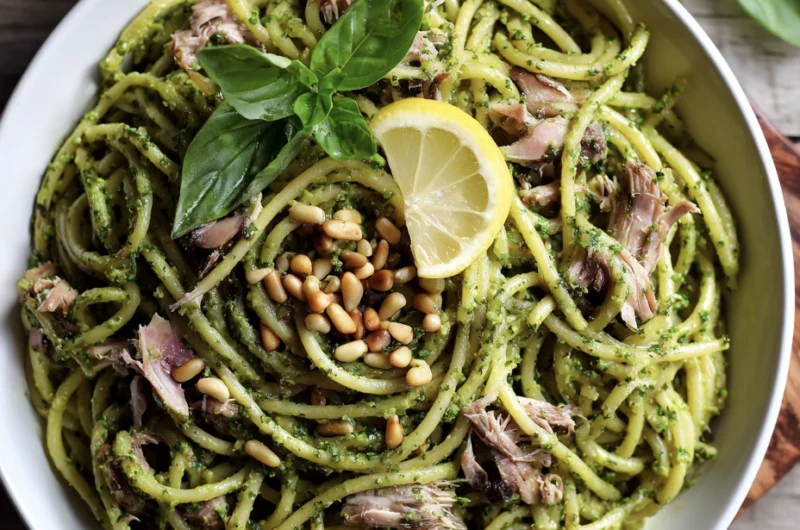 sardine pesto pasta in a bowl