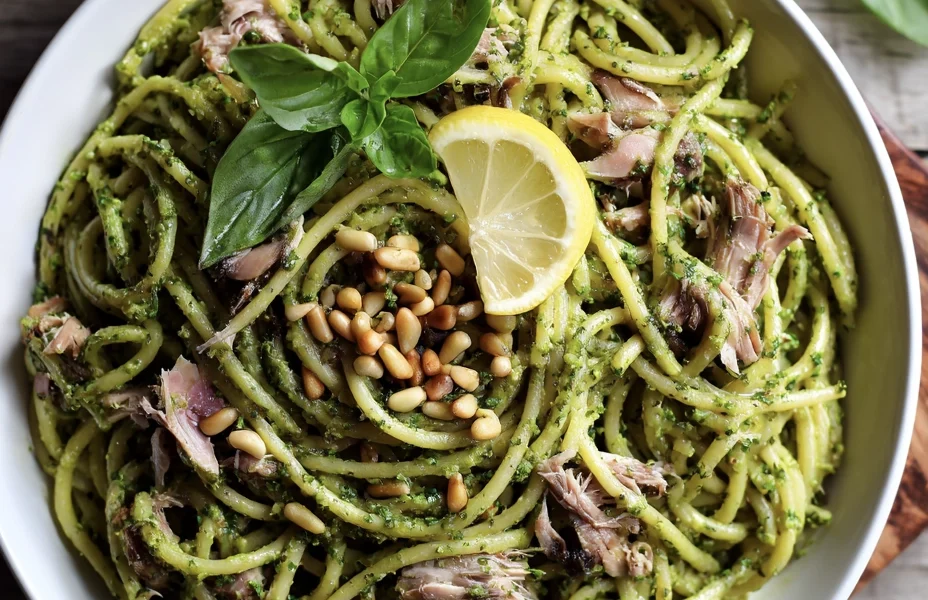 sardine pesto pasta in a bowl