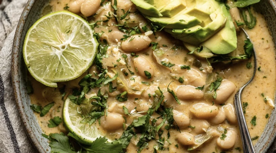 Creamy Vegan White Bean Chili 1 vegan white bean Chili in a bowl