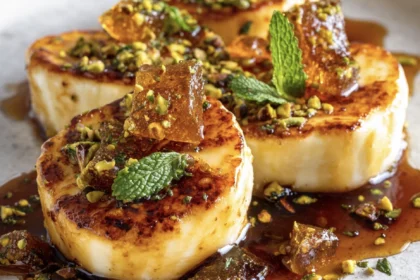 Brown-Butter Halloumi with Pistachio Praline & Orange-Blossom Honey 1 pistachio halloumi 4