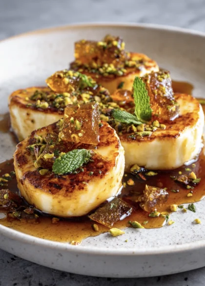 Brown-Butter Halloumi with Pistachio Praline & Orange-Blossom Honey 12 pistachio halloumi 4
