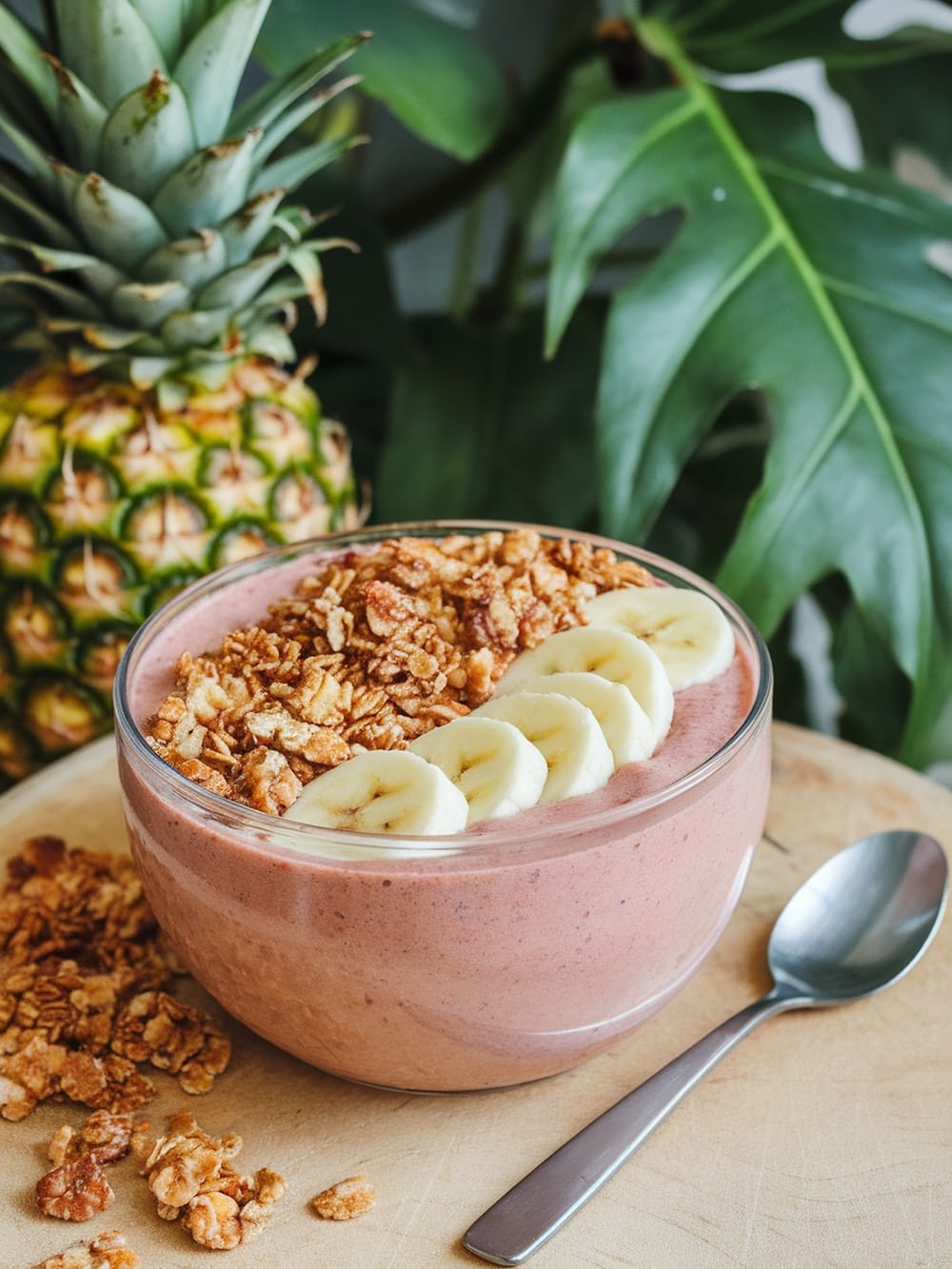 Two pineapple coconut smoothie bowls topped with banana slices and granola, with a fresh pineapple in the background.
