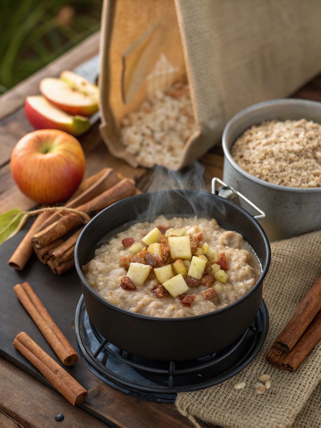 10 Ridiculously Easy Breakfast Recipes for Camping That Anyone Can Master 10 A bowl of steaming oatmeal topped with diced apples and cinnamon, with apples and oats in the background.