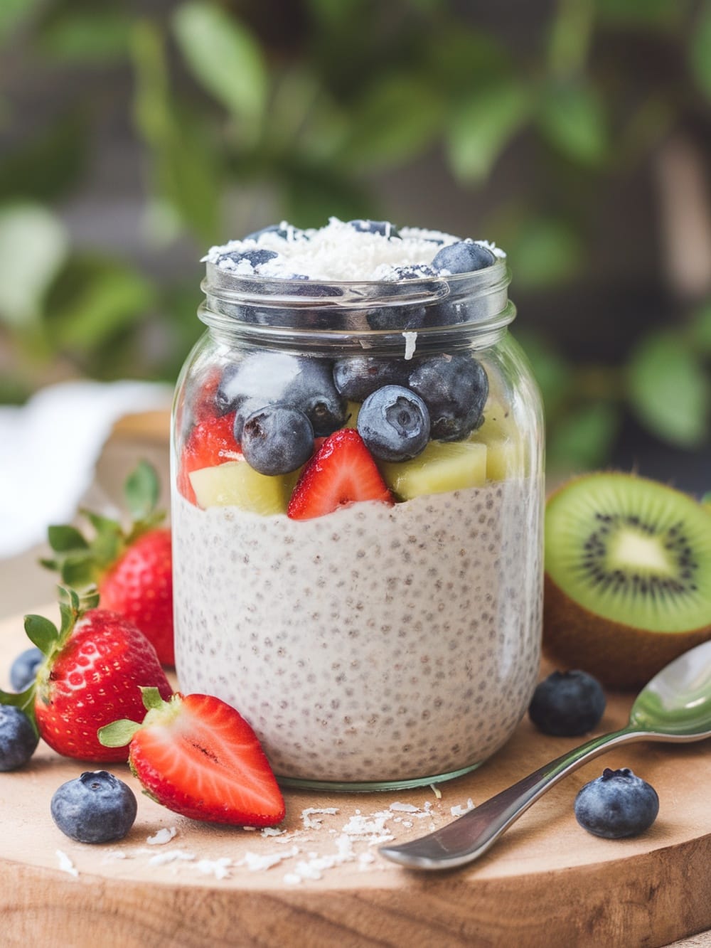 A jar of coconut chia pudding topped with fresh fruits like strawberries, blueberries, and kiwi, surrounded by more fruits on a wooden surface.