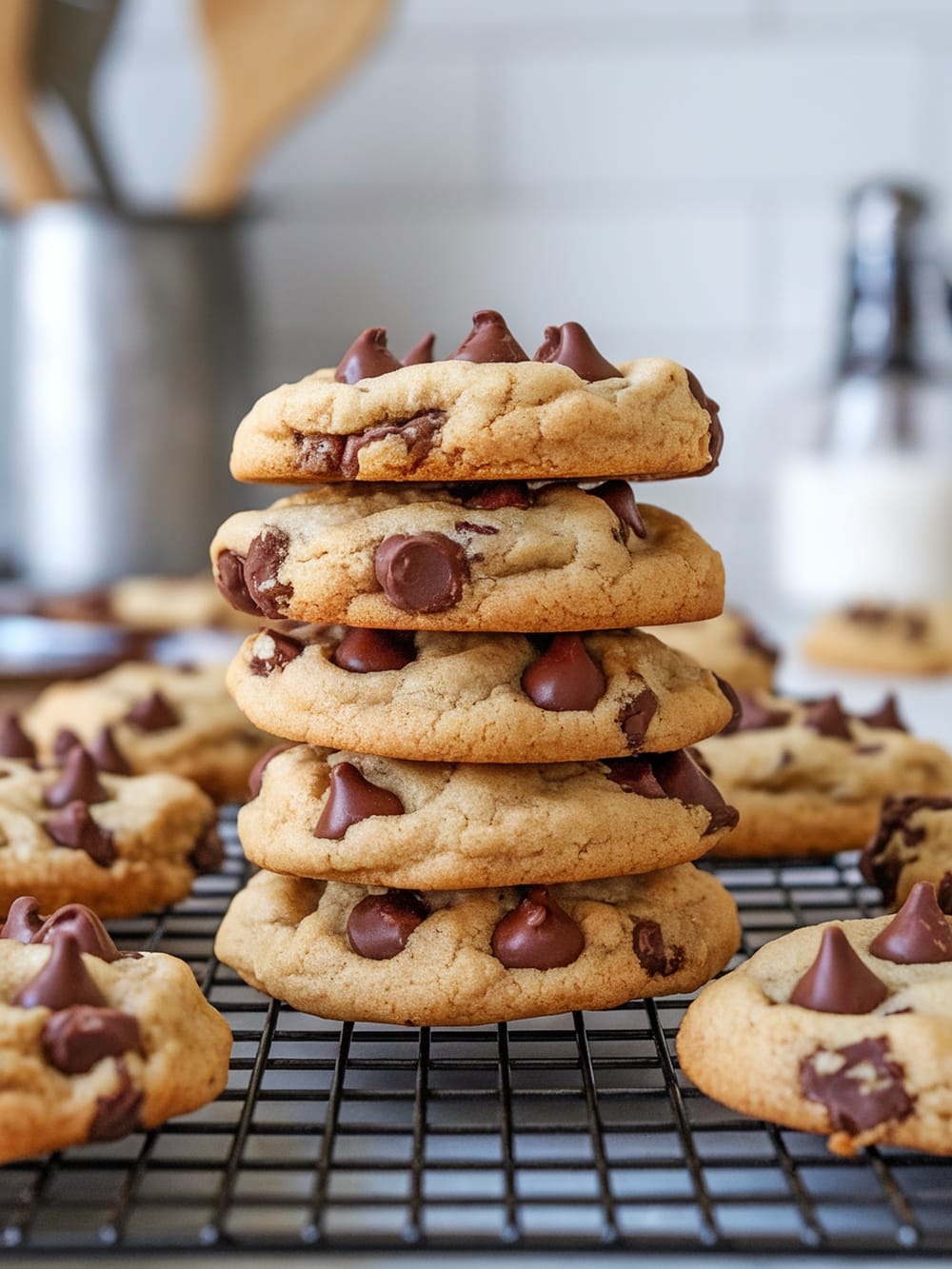 A stack of vegan chocolate chip cookies on a cooling rack, surrounded by more cookies.