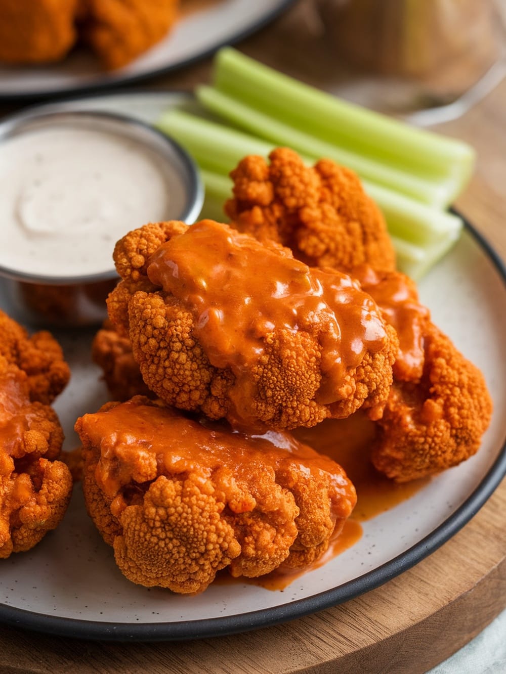 Plate of cauliflower buffalo wings with celery sticks and dipping sauce