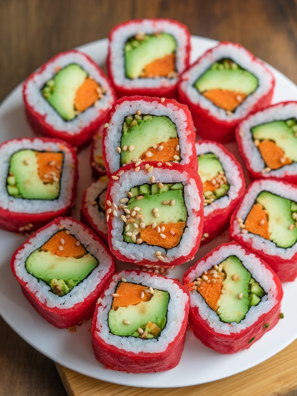 Colorful vegan sushi rolls on a plate, showcasing a variety of vegetables.