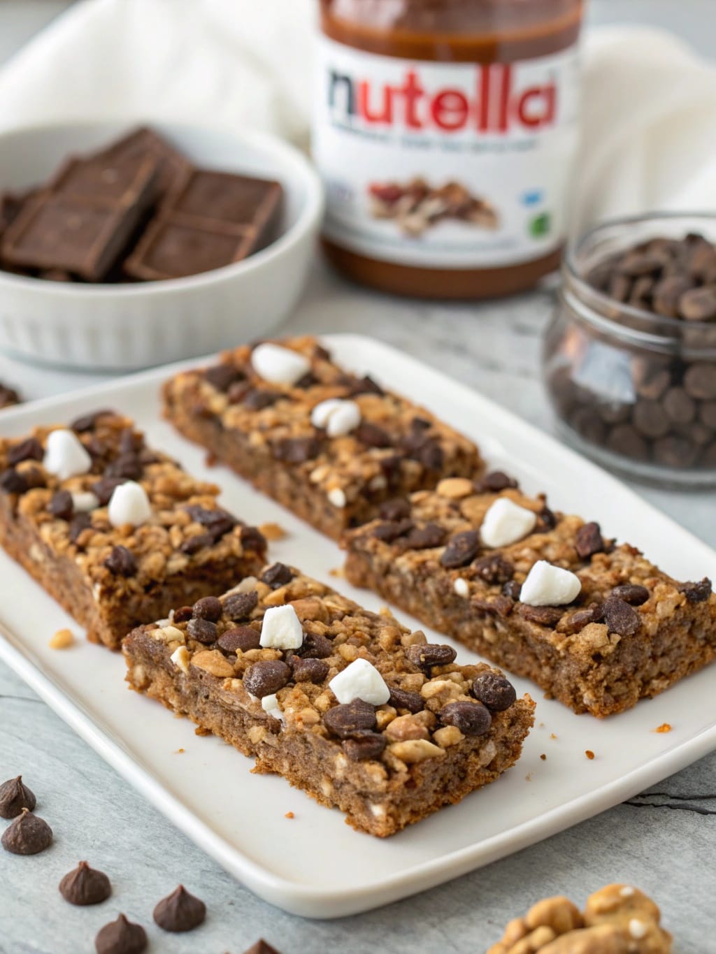 10 Ridiculously Easy Breakfast Recipes for Camping That Anyone Can Master 3 No-bake Nutella s'mores granola bars on a plate with ingredients in the background.