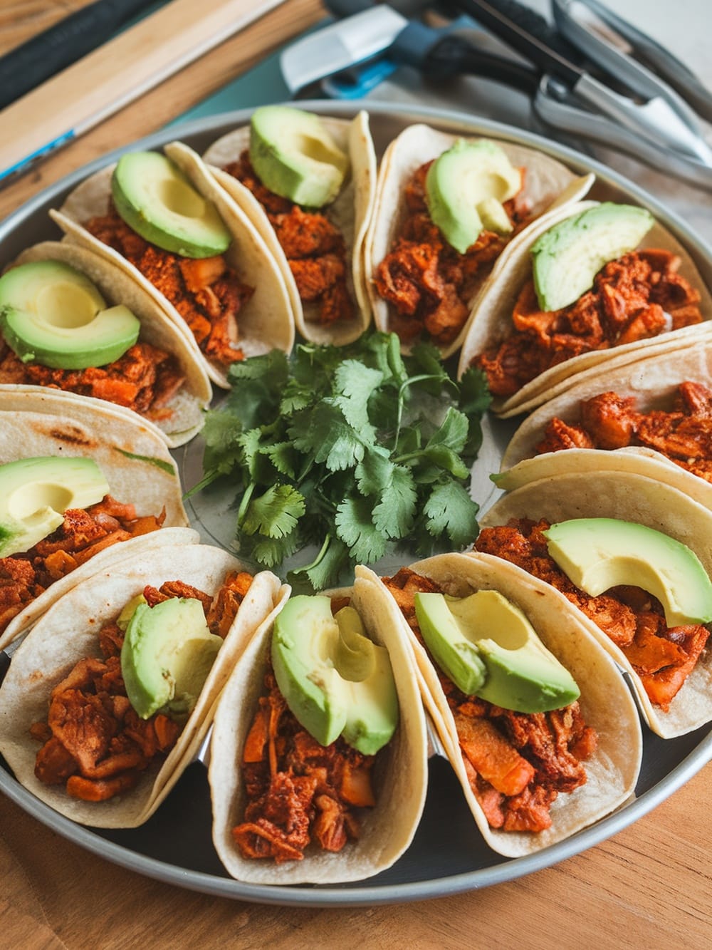 A platter of mini vegan tacos filled with jackfruit and topped with avocado slices and cilantro.