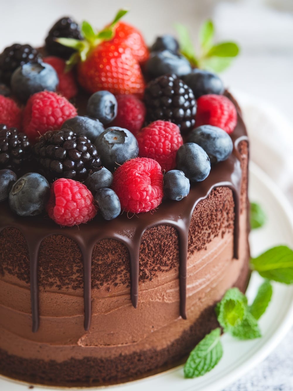A beautifully decorated vegan chocolate cake topped with fresh berries and chocolate ganache.