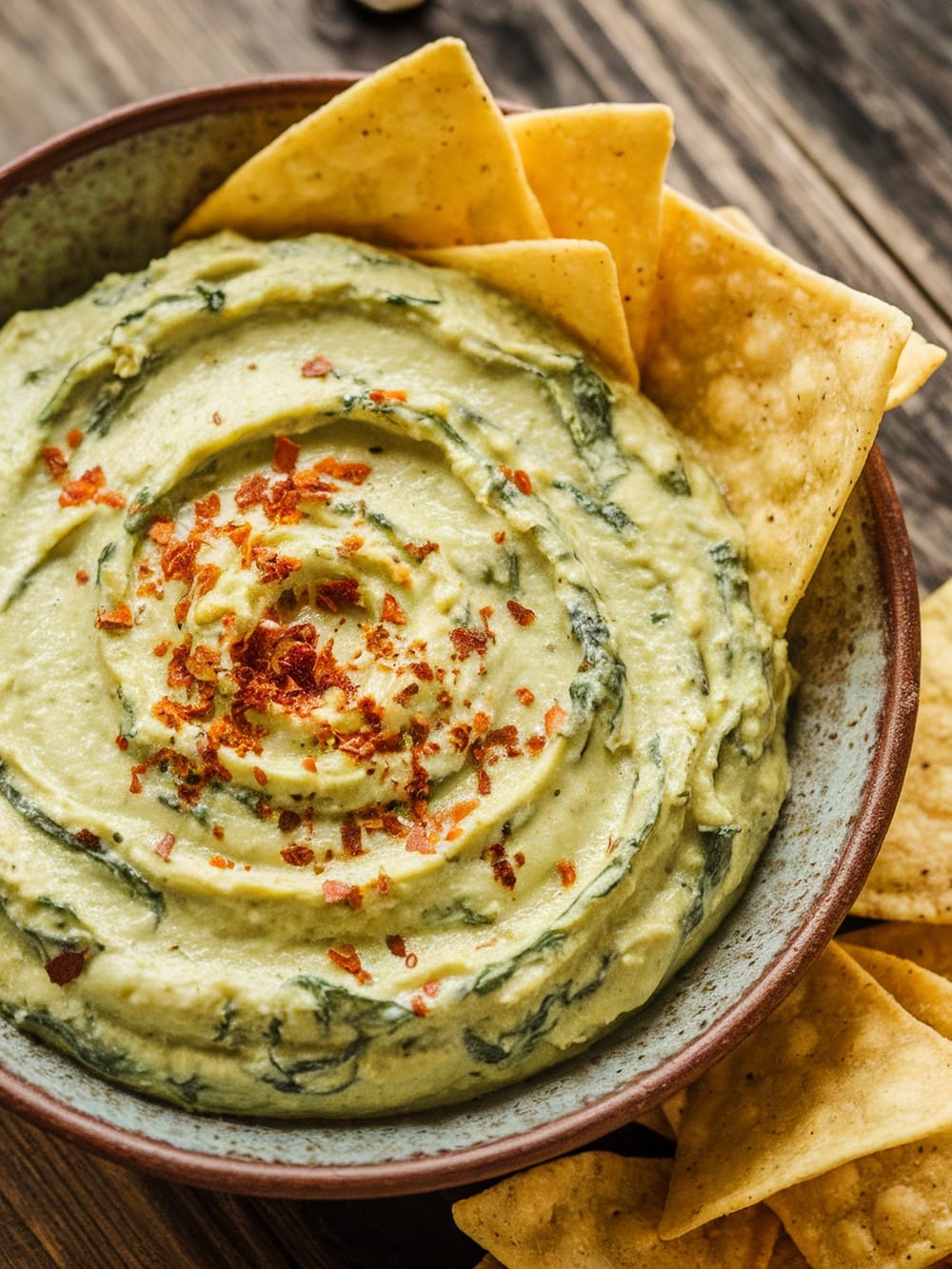 A bowl of vegan spinach and artichoke dip with tortilla chips