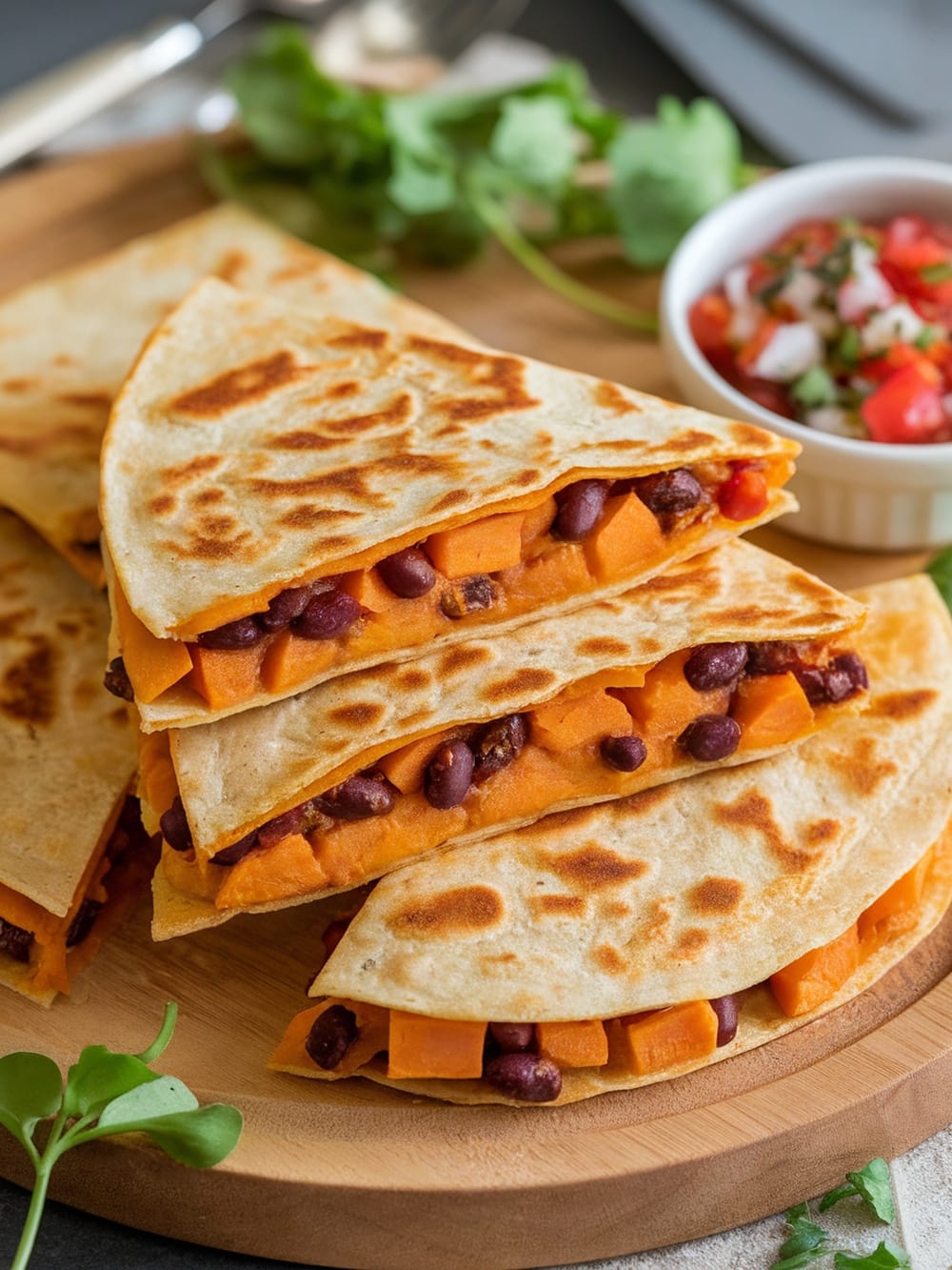 Delicious sweet potato and black bean quesadillas served with salsa