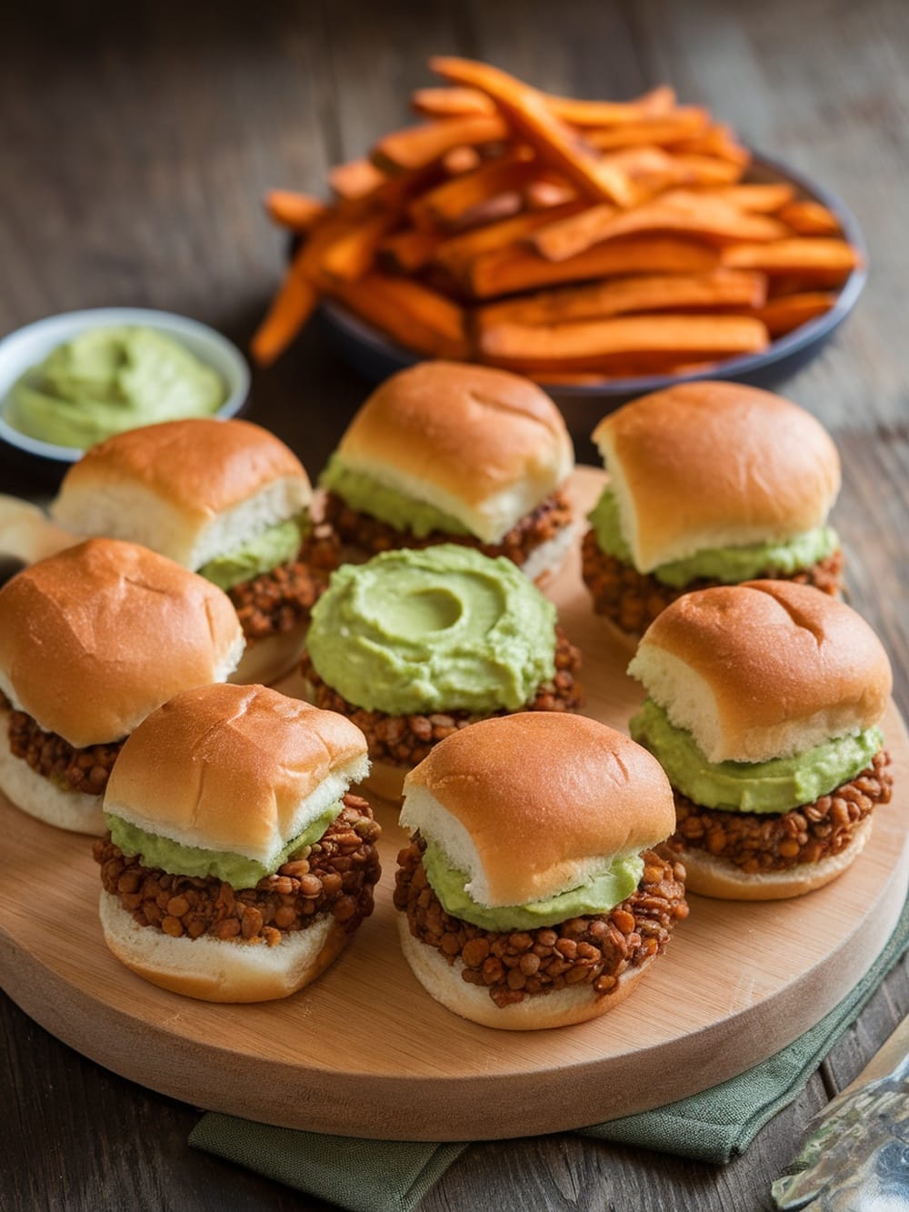 A platter of lentil sliders topped with avocado cream, served with sweet potato fries.