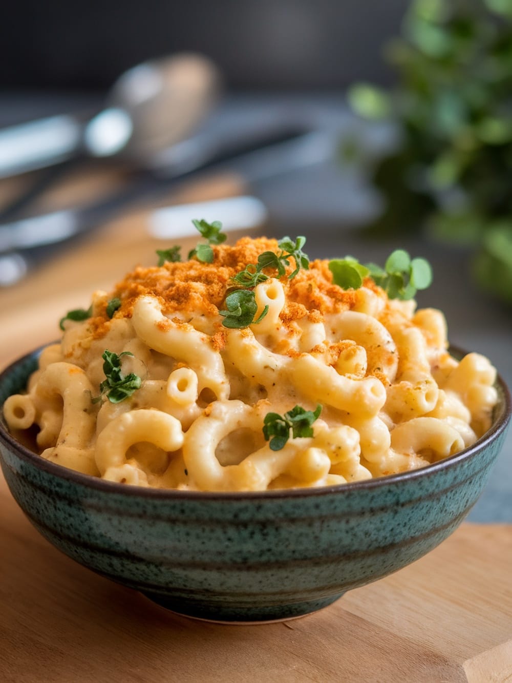 A bowl of creamy vegan mac and cheese topped with paprika and herbs.