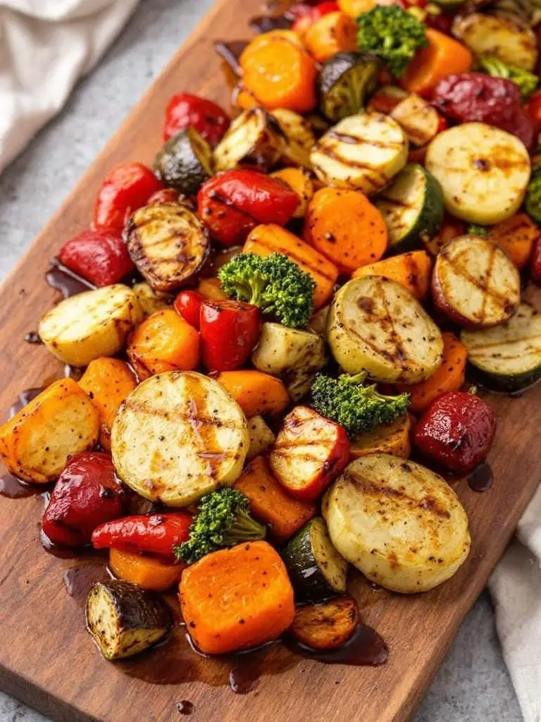 A colorful roasted vegetable platter featuring red, yellow, and orange peppers, carrots, and zucchini.