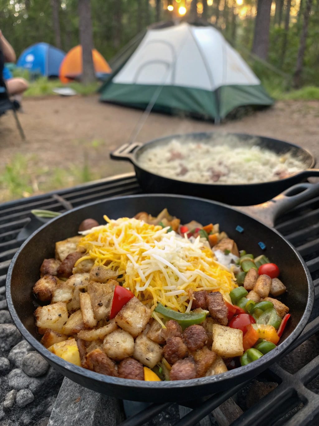 10 Ridiculously Easy Breakfast Recipes for Camping That Anyone Can Master 4 A delicious camper's breakfast hash cooking in a skillet over a campfire, surrounded by tents.