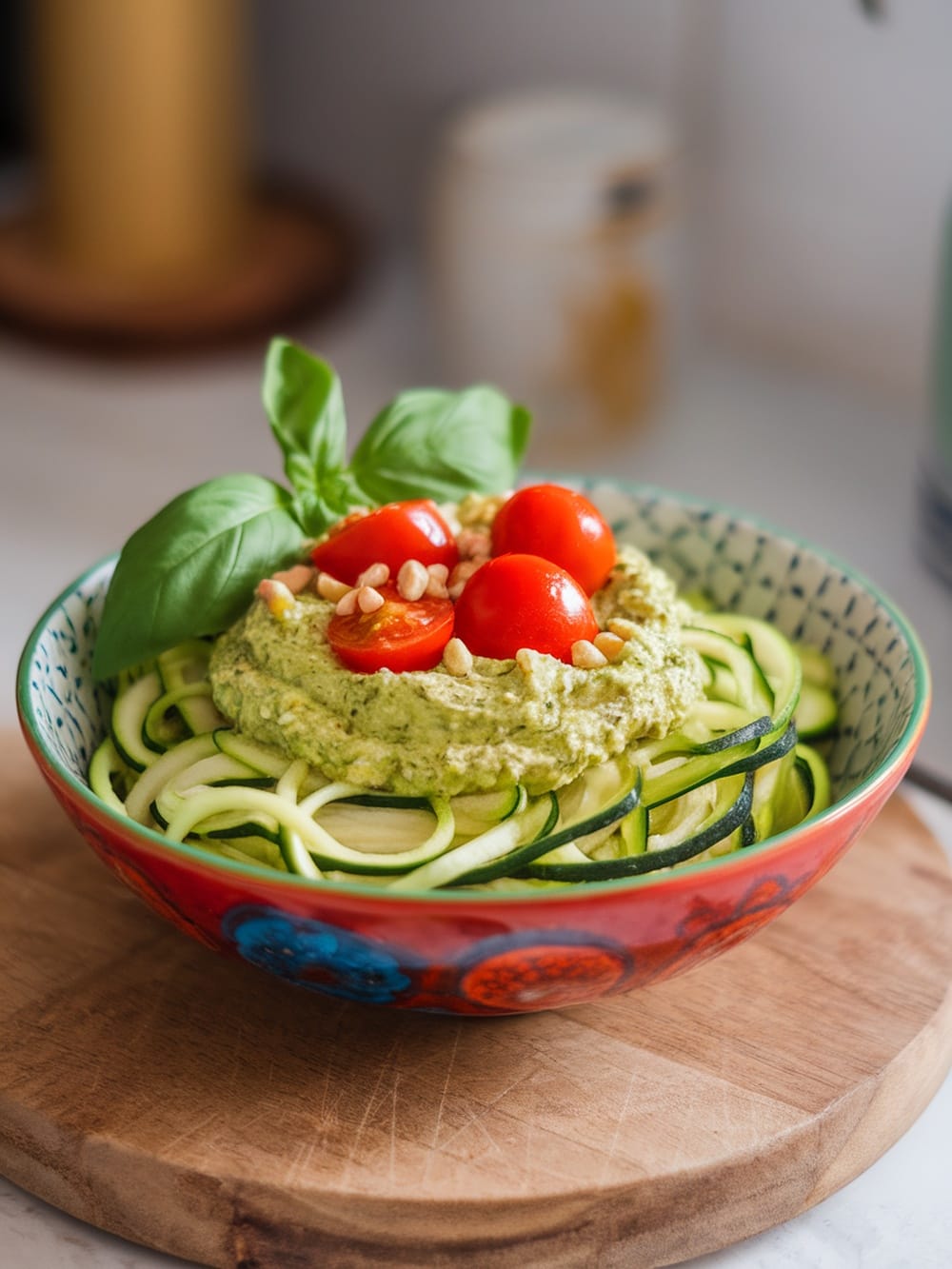 A bowl of zucchini noodles topped with avocado pesto, cherry tomatoes, and pine nuts.
