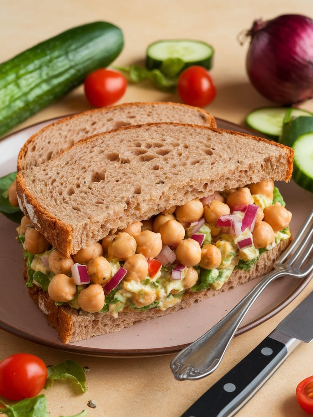 Chickpea salad sandwich on whole grain bread with fresh vegetables