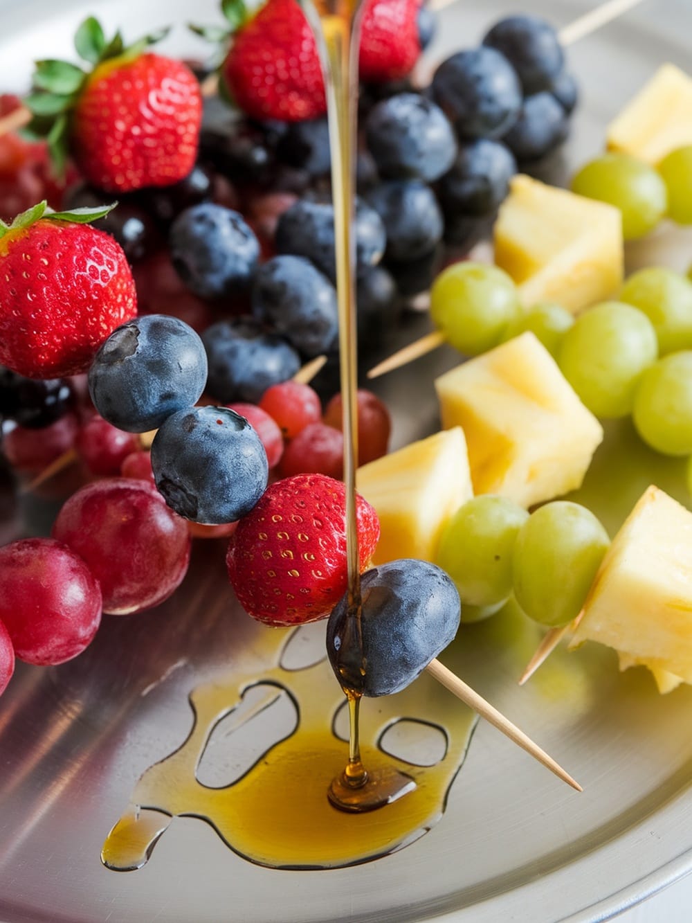 Colorful fruit skewers with strawberries, blueberries, green grapes, and pineapple drizzled with agave syrup.