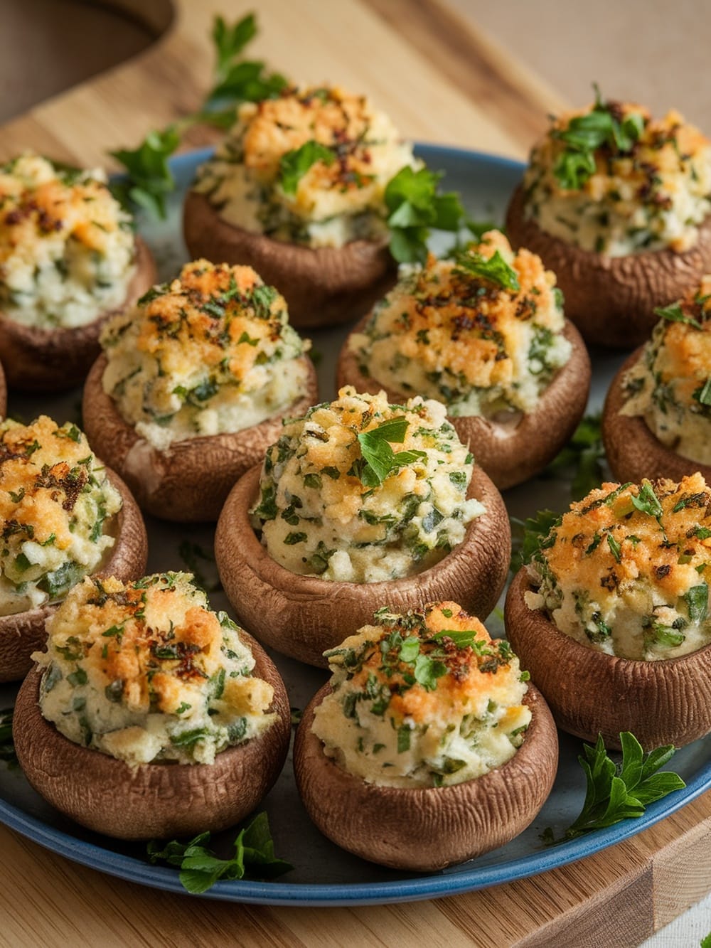 A plate of savory stuffed mushrooms topped with herbs and breadcrumbs.